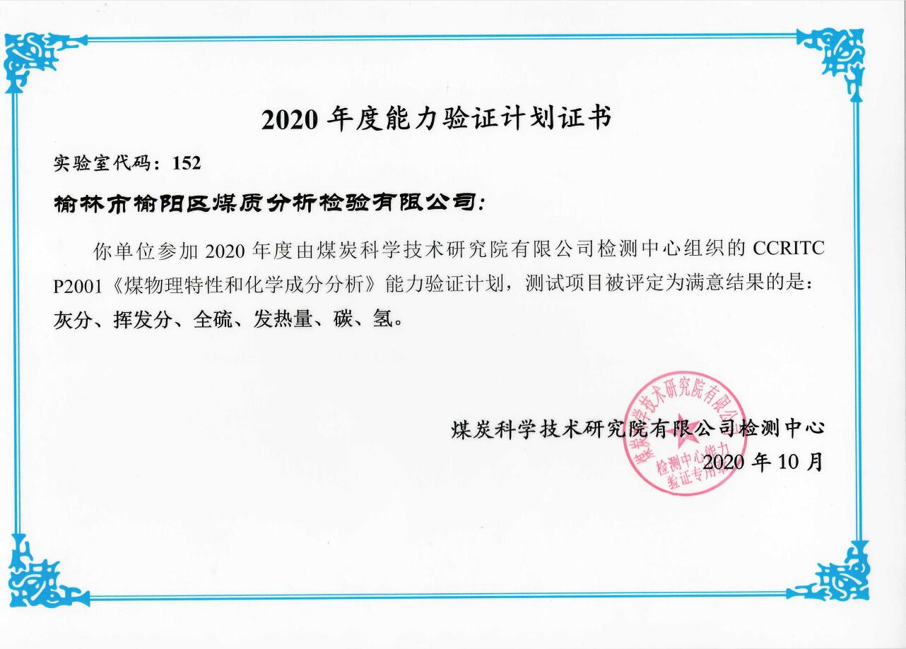 2020年度能力驗(yàn)證計(jì)劃合格證書